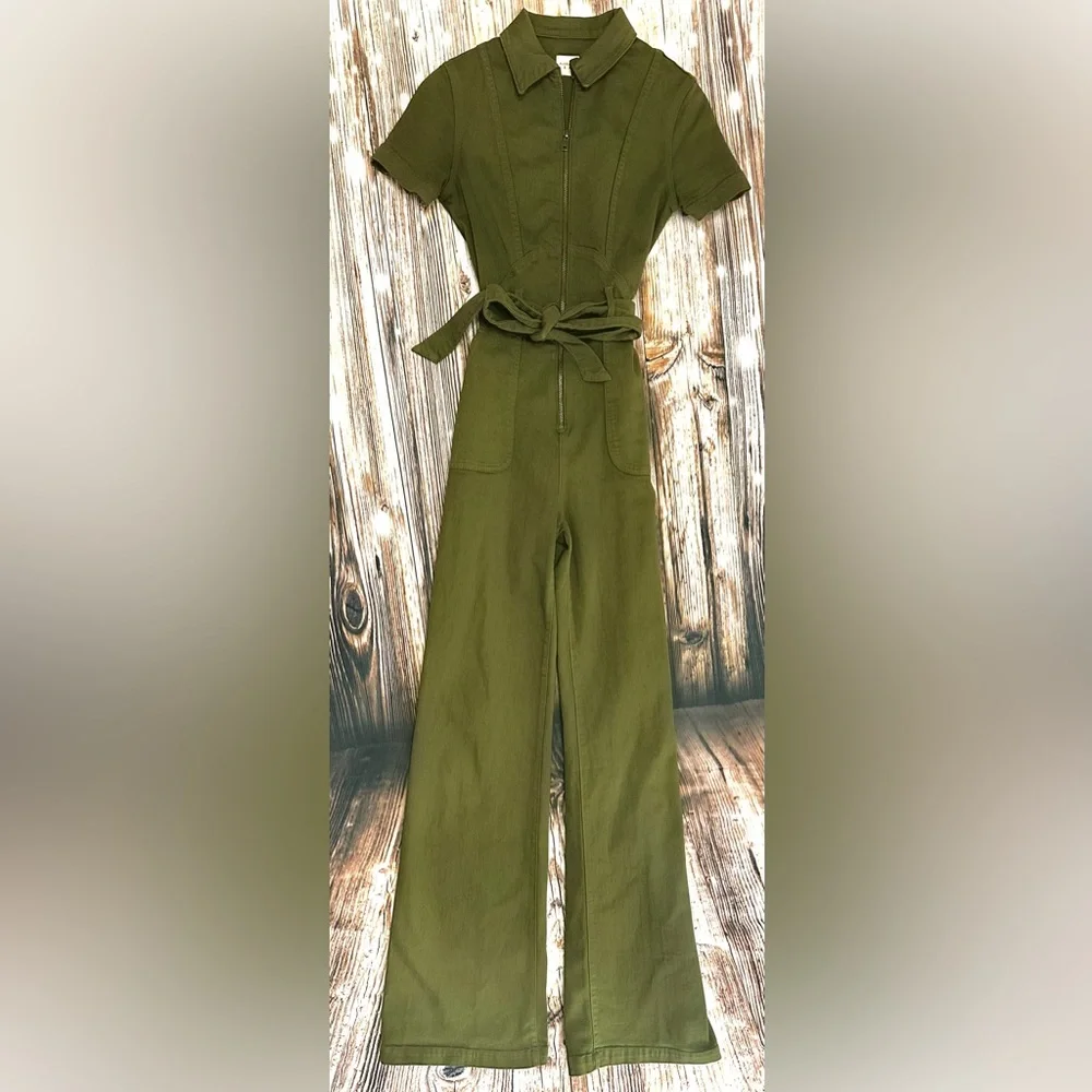 ALICE + OLIVIA || Wide-Leg Belted Denim Jumpsuit in Army Green - SZ 24 ✨NWT✨ - Picture 6 of 13